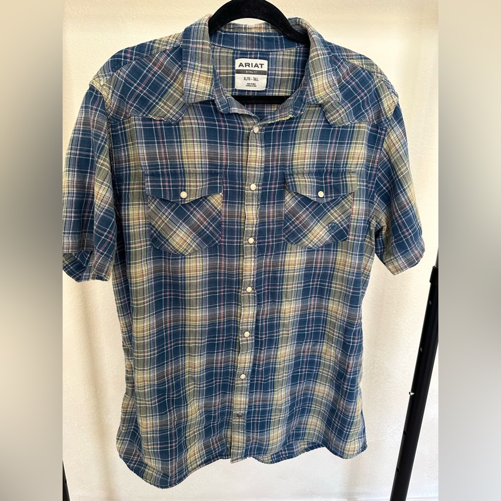 Ariat Shirt Adult XL Tall Blue Plaid Pearl Snap Retro Fit Button Western Mens
